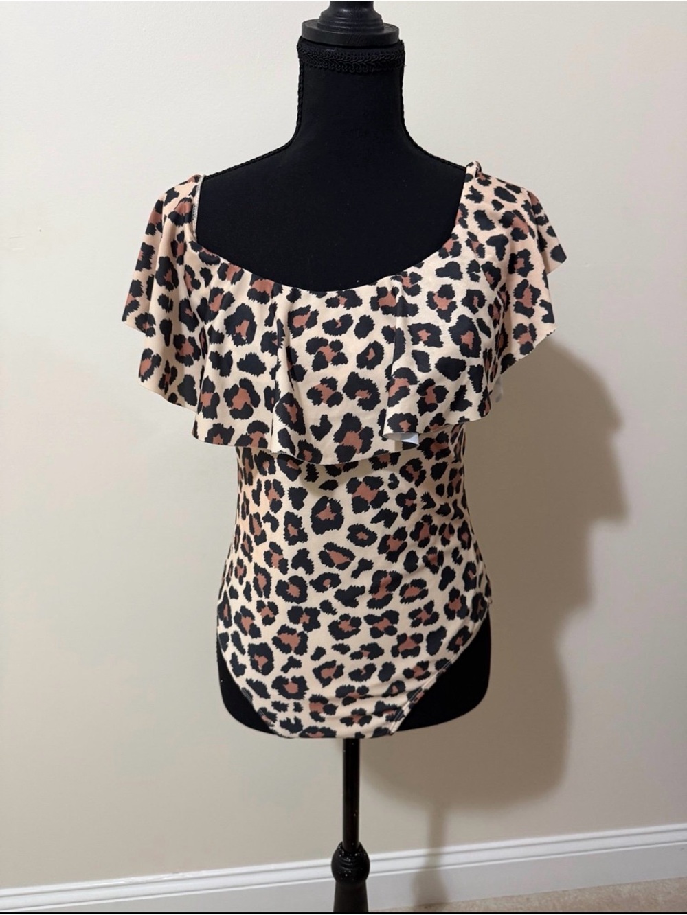 Pink Lily Leopard Ruffle Off-Shoulder One-Piece Swimsuit - Beige/Black/Brown